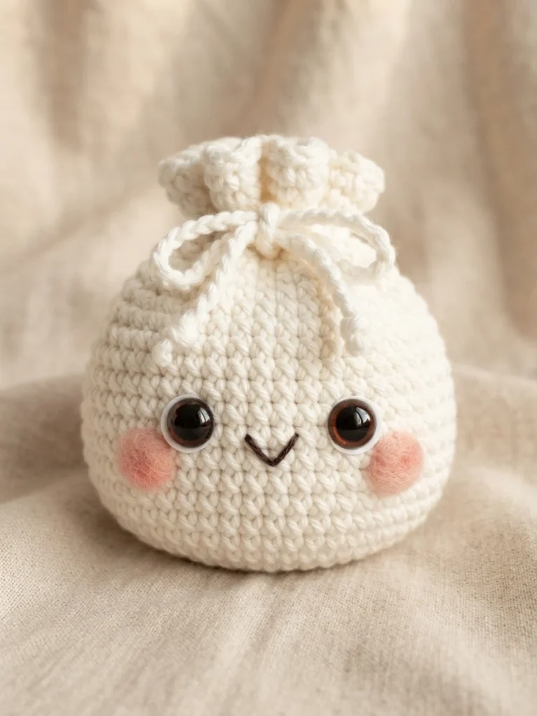 White crochet dumpling bag with pink cheeks, brown eyes, a small stitched smile and a white drawstring bow, on beige fabric.