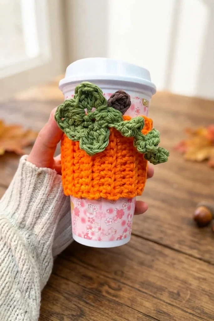 Finished crochet pumpkin cup cozy in orange with a green leaf and curly vine and a brown stem, wrapped around a paper coffee cup with a pink floral print, held by a hand wearing a cream knit sweater.