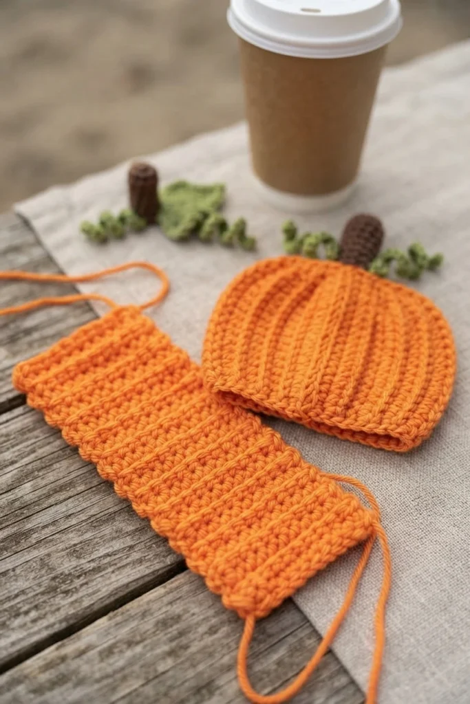 Flat orange crocheted rectangle with visible ribbed rows on a linen cloth, beside a second orange piece seamed into a tube, with a takeaway coffee cup, pinecones and small green crochet leaf pieces in the background.