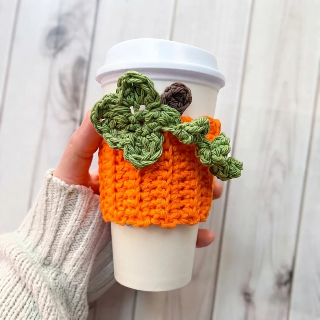 Main dans une manche en maille crème tenant un gobelet blanc avec un bonnet de tasse orange en crochet, orné d'une feuille verte, d'une vrille bouclée et d'une petite tige brune, sur fond de planches de bois clair.