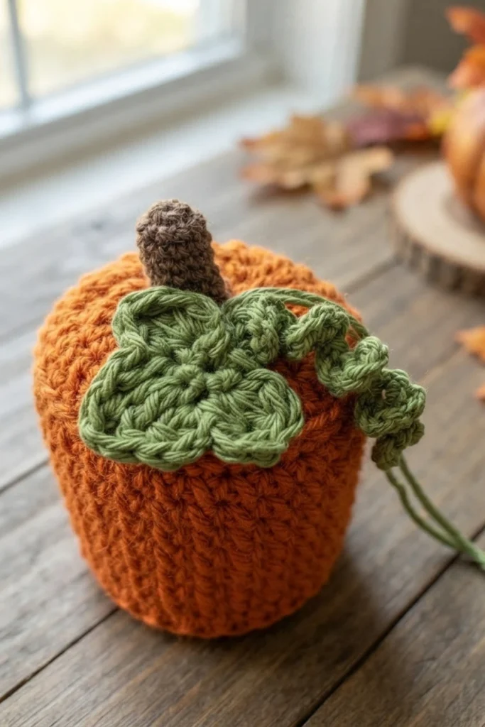 Crocheted orange ribbed pumpkin cozy with a brown stem, a green leaf and a curly green vine, resting on a wooden floor in front of a window with dried autumn leaves nearby.