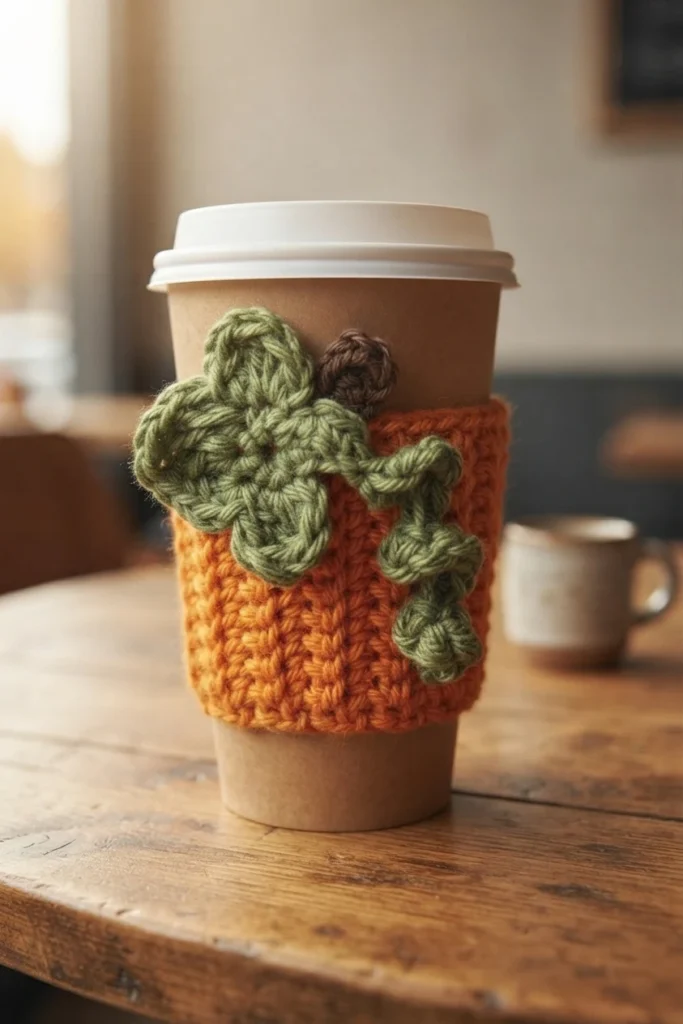 Crochet pumpkin cup cozy in bright orange yarn with a green crocheted leaf and curly vine and a small brown stem, wrapped around a paper takeaway coffee cup on a wooden table in a softly blurred cafe setting.