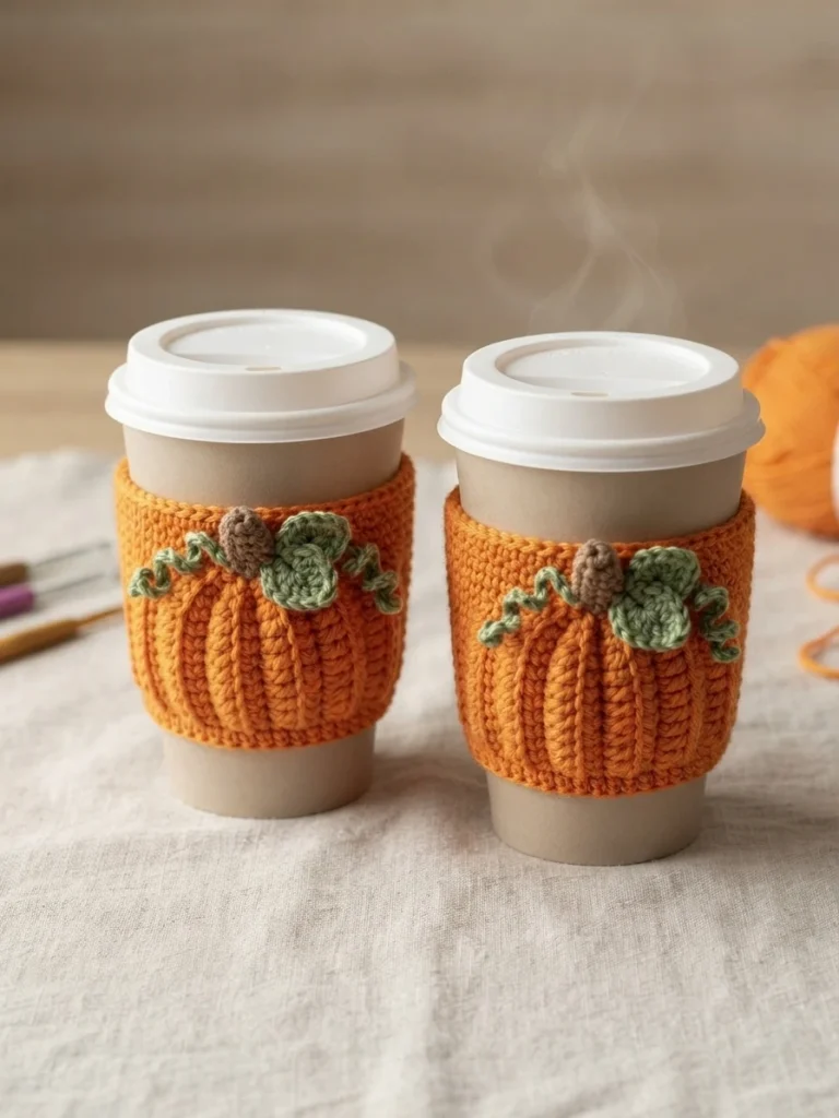 Two orange crocheted pumpkin cup cozies with ribbed segments, green crocheted leaves, curly vines and small brown stems, fitted around lidded takeaway cups on a linen cloth, with steam rising from one cup and a ball of orange yarn and a cro