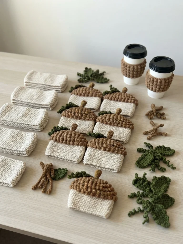 Flat lay of several crocheted acorn cup cozies in cream and brown on a light wood table, with two paper cups wrapped in brown textured cozy bands and green crocheted leaves and curly vines scattered around.