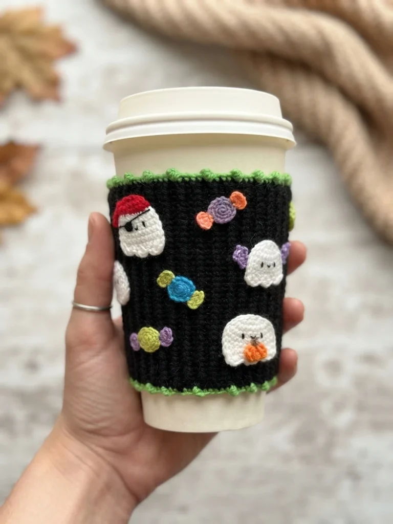 Finished crocheted cup cozy in black with a green scalloped edge, decorated with small white ghost appliques and colorful candy shapes, wrapped around a paper coffee cup held in a hand.