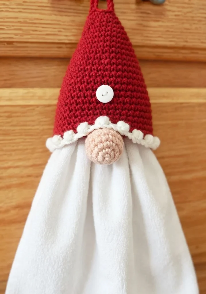 A red crocheted gnome towel topper with a white towel, a bobble-trimmed brim, a peach-colored nose and a white button, hanging against a wooden background.