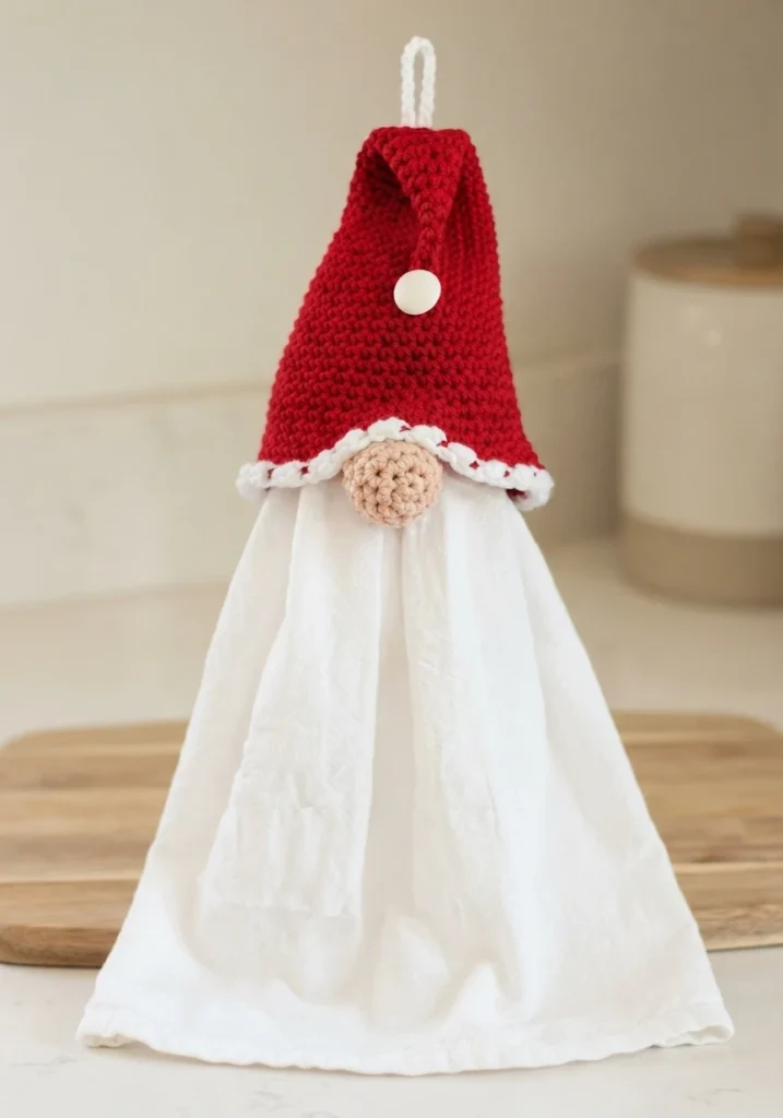 A red crocheted gnome towel topper with a white button, a crocheted nose, and a white towel hanging below it.