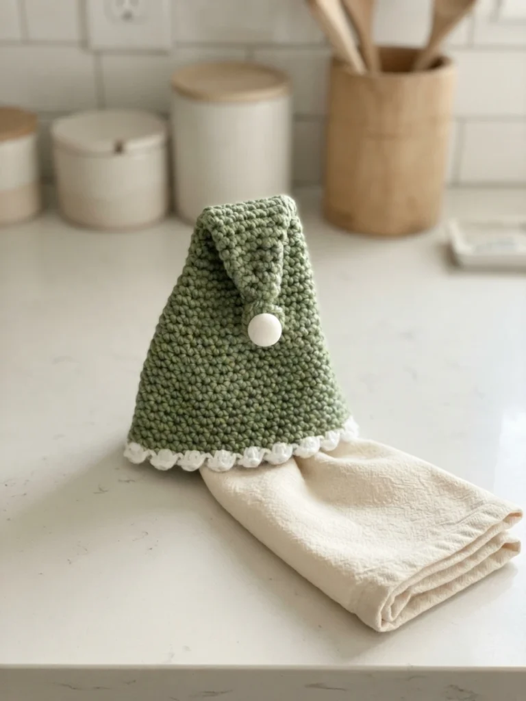 A green crocheted towel topper with a white button and scalloped trim attached to a folded cream towel.