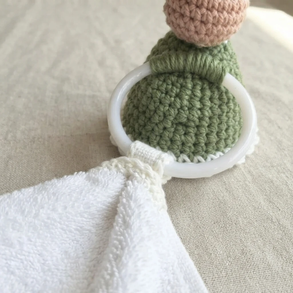 Vue arrière d’un accessoire crocheté vert pour serviette, avec un anneau blanc et une serviette blanche attachée.