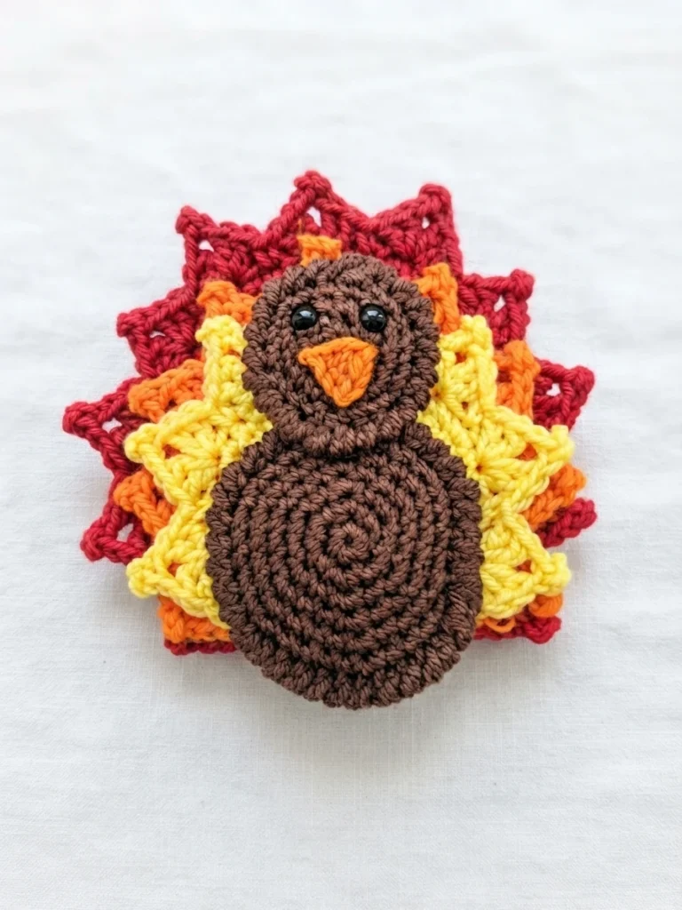 Crocheted turkey applique with a brown spiral body, orange beak, black eyes, and layered red, orange and yellow tail feathers, shown flat on a plain white fabric background.