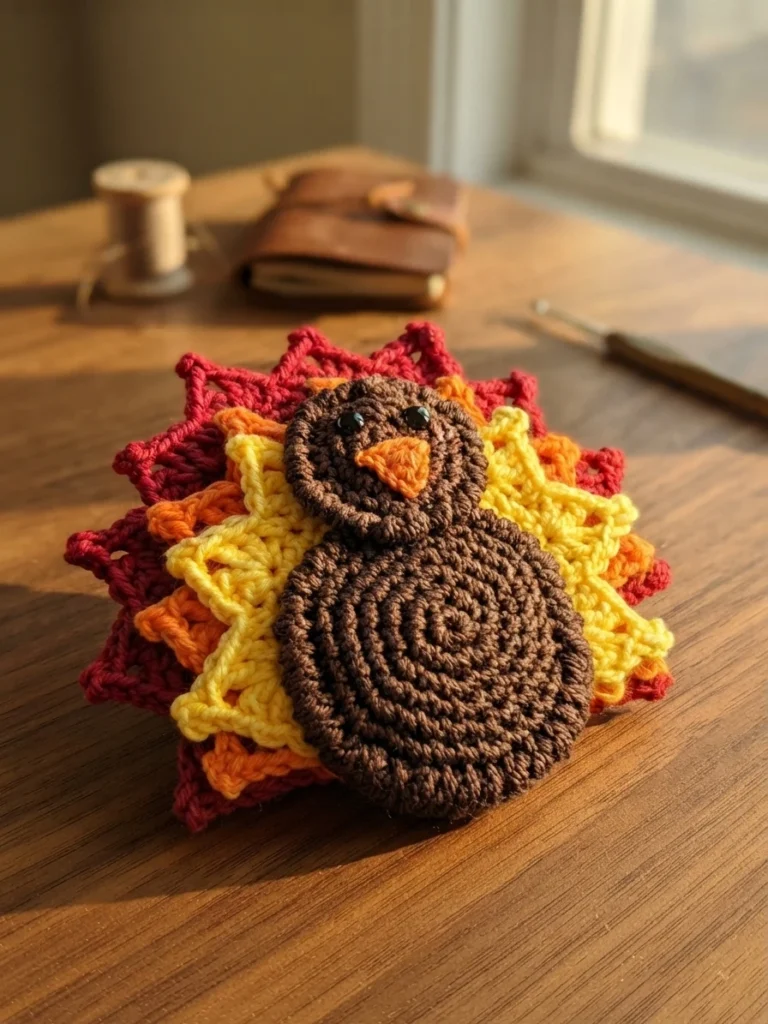 Crocheted turkey applique with a brown spiral body, dark eyes and orange beak, surrounded by layered red, orange and yellow picot edged tail feathers, resting flat on a wooden table near a spool of thread and a crochet hook.