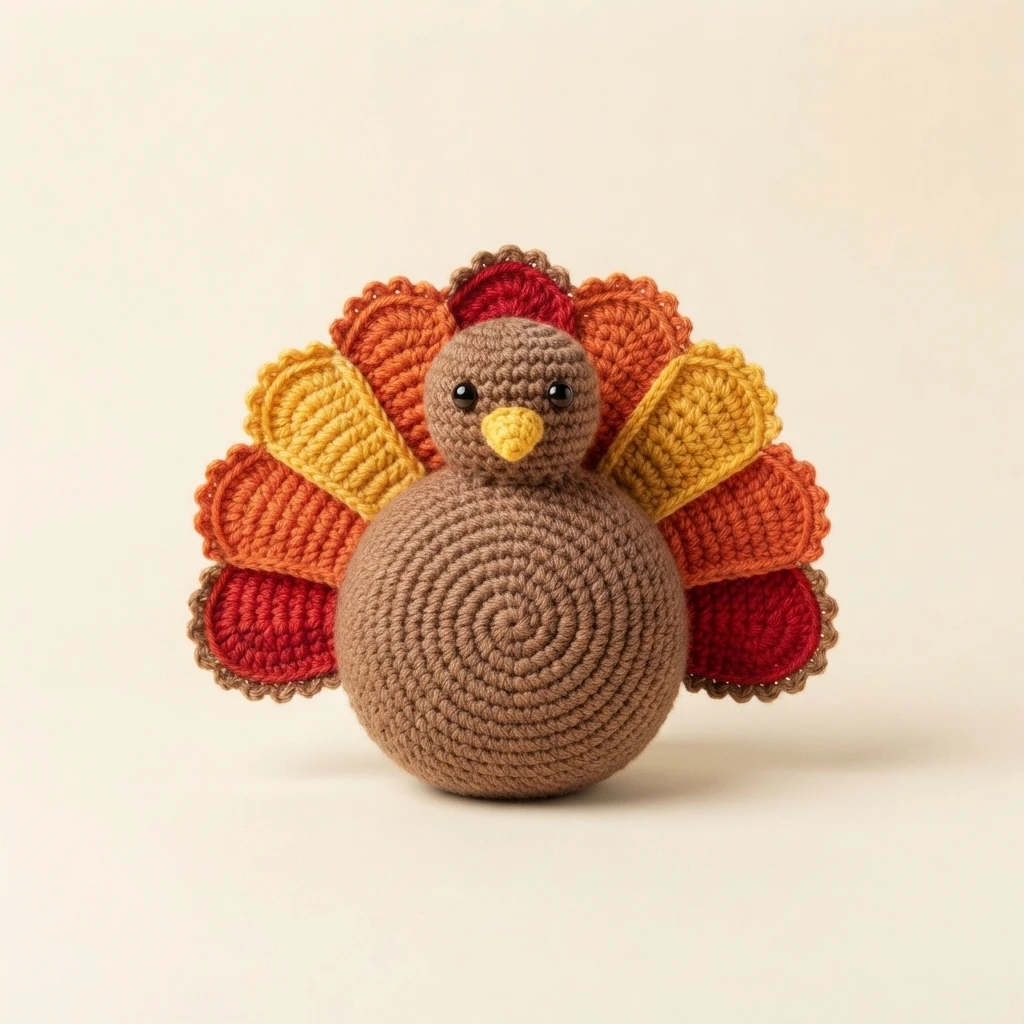 Crocheted turkey with a rounded brown body, small black bead eyes and a yellow beak, surrounded by layered fan-shaped feathers in red, orange and yellow with a brown scalloped edging, photographed on a plain cream background.