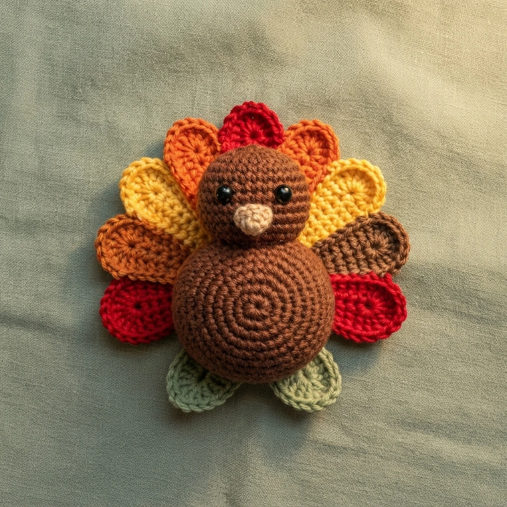 Crocheted turkey applique with a round brown body, small black bead eyes, a pale beak, and layered red, orange, yellow and brown tail feathers, lying flat on gray-green fabric.