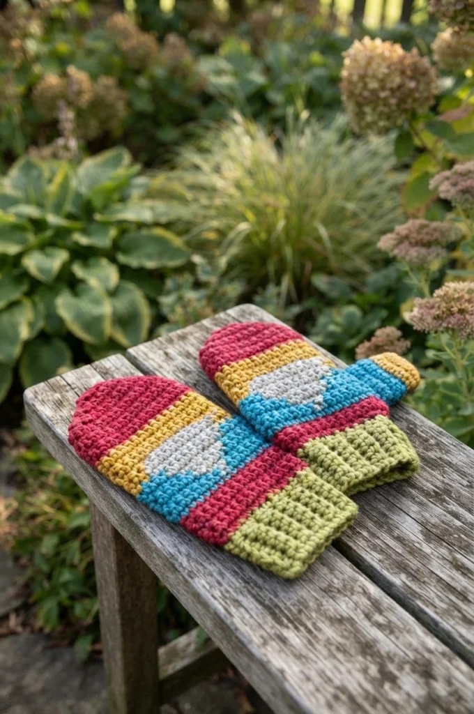 Two crocheted gnome style mittens with striped bands of red, mustard yellow, grey, blue and green resting on a weathered wooden bench, with leafy garden plants and dried flower heads blurred in the background.