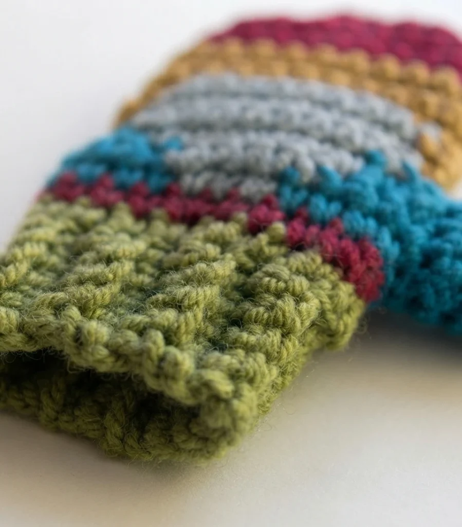 Close-up view of a crocheted mitten lying at an angle on a white surface, showing a textured green cuff followed by bands of cranberry, teal, grey and mustard stitches.