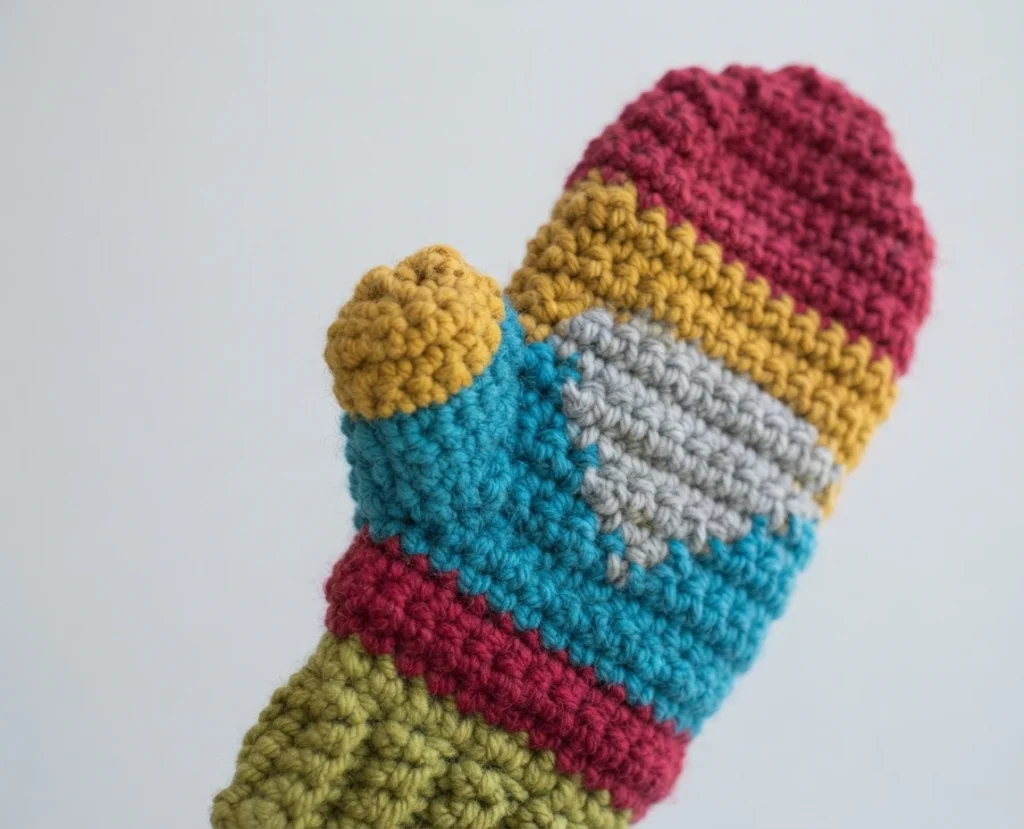 Close-up of a single crocheted mitten showing a green ribbed cuff, a cranberry red band, a teal blue palm with a grey beard shaped motif, a mustard yellow band, a cranberry red top and a mustard yellow thumb tip.