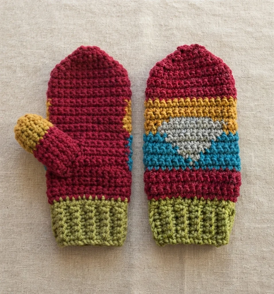Two crocheted gnome mittens lying side by side on beige fabric, one showing a grey beard shape with blue and cranberry bands above a green ribbed cuff, the other mostly cranberry with a honey yellow thumb