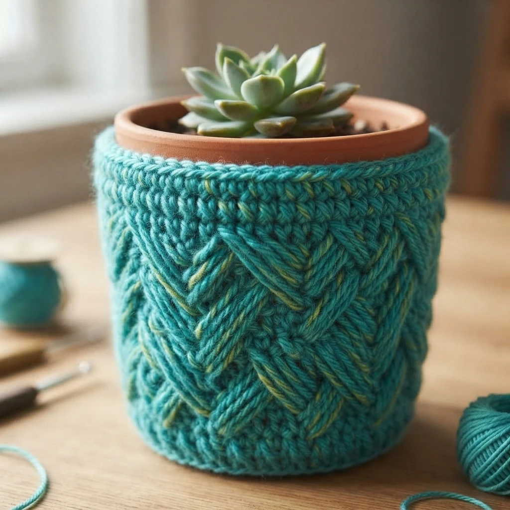 A turquoise textured crochet cover around a terracotta pot holding a small succulent.
