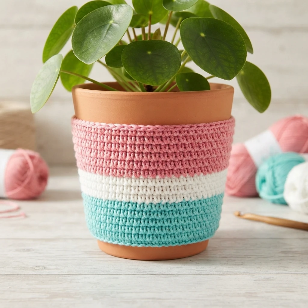 Un pot en terre cuite avec une plante verte porte une housse crochetée à bandes rose, blanche et turquoise.