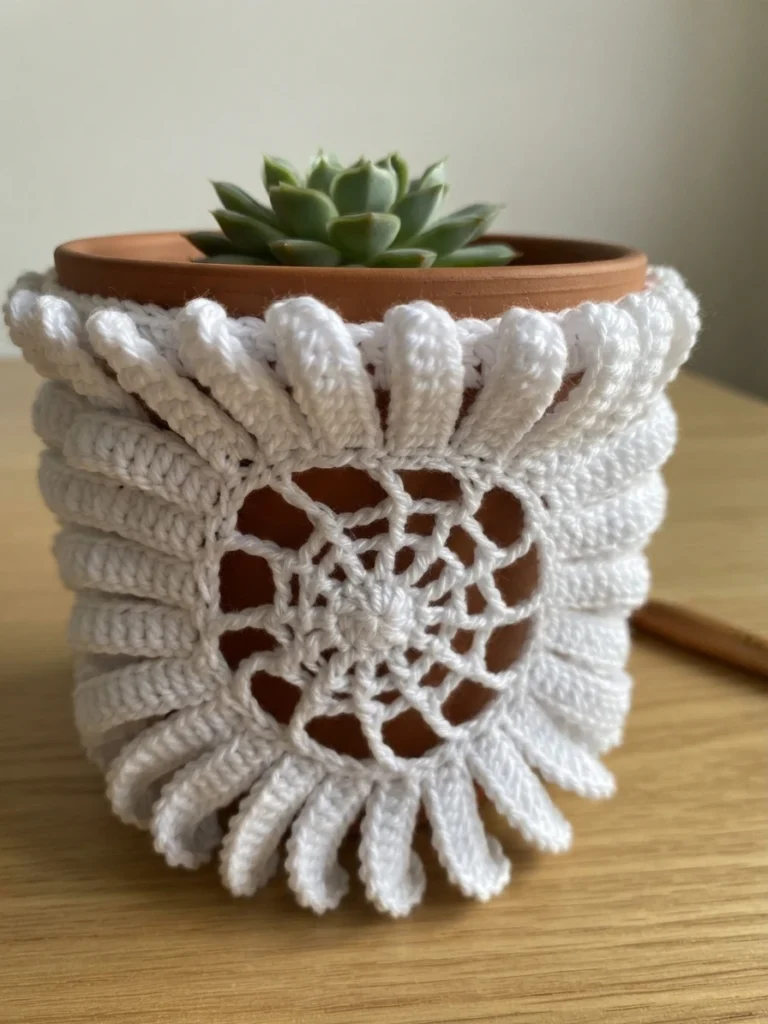 A white crocheted cover with a raised, scalloped border around a terracotta pot holding a succulent.
