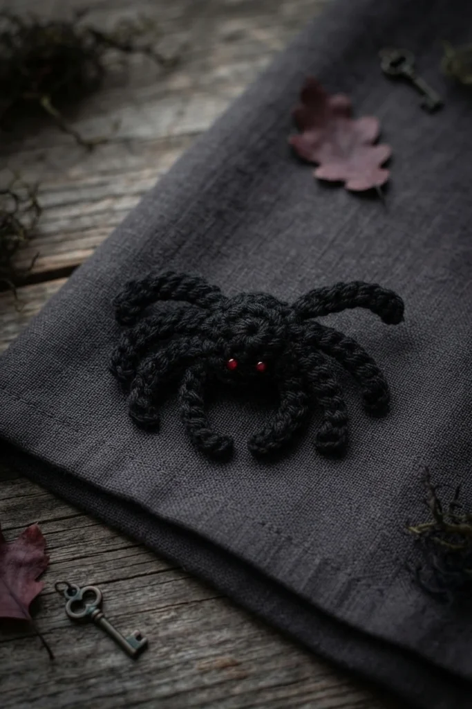 Black crocheted spider with red eyes resting on dark folded fabric on a rustic wooden surface.