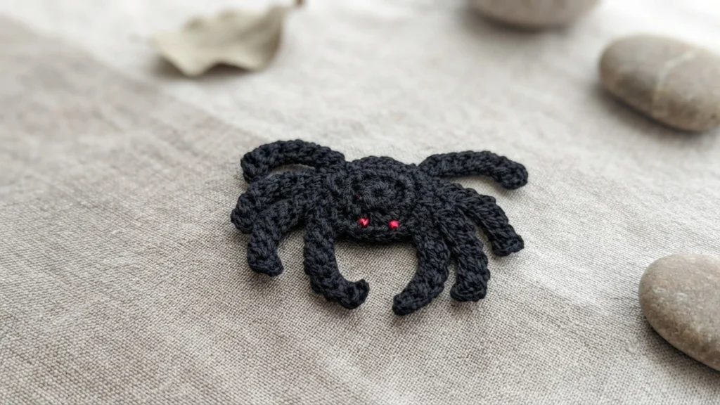 Petite araignée au crochet noire avec deux yeux rouges, posée sur un tissu beige.