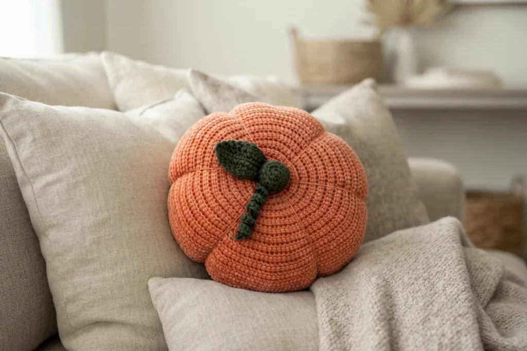 A crocheted coral pumpkin pillow with a dark green stem and leaf rests against neutral cushions.