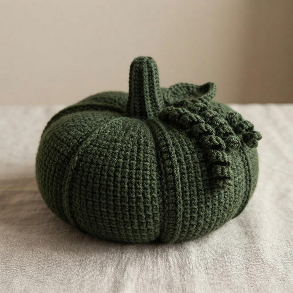 A dark green crocheted pumpkin with a raised stem and curled vine sits on a pale surface.