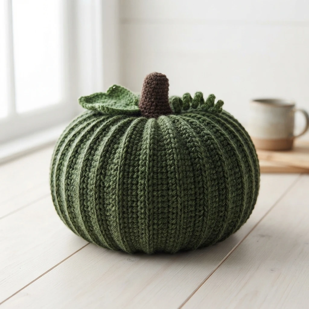 Potiron crocheté vert et arrondi, avec une tige brune et une feuille, posé sur une table claire.