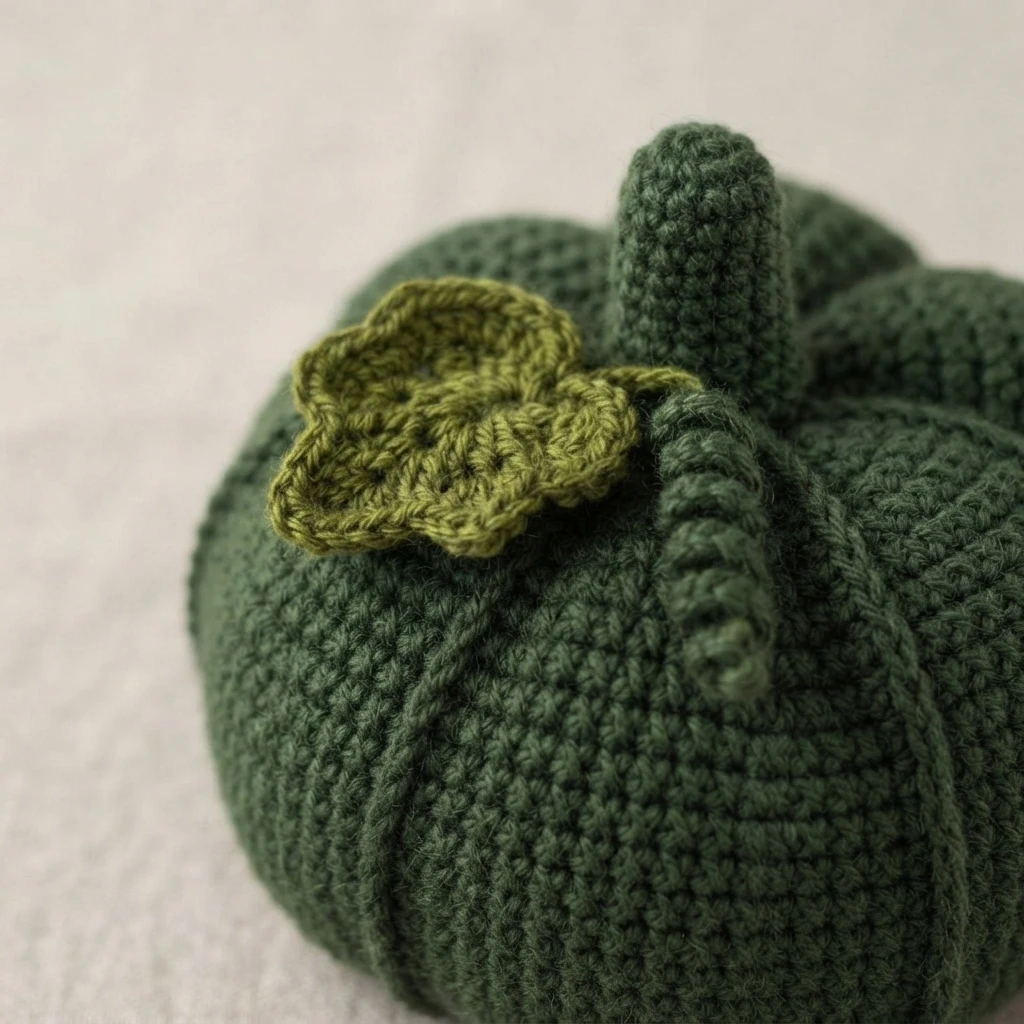 Close-up of a dark green crocheted pumpkin with a raised stem and an olive green leaf.