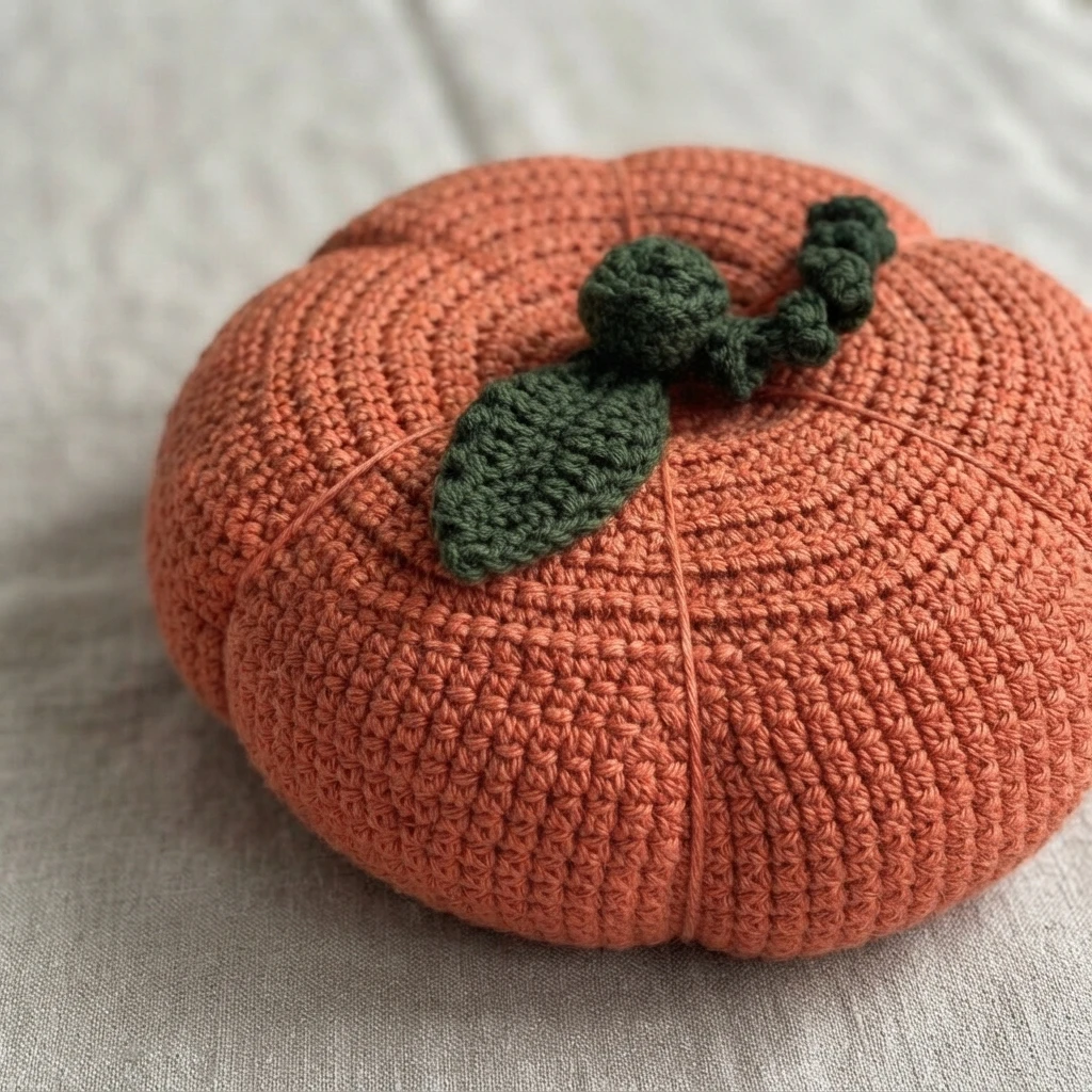 Coussin citrouille au crochet orange, avec des côtes marquées et une feuille et une tige vert foncé, posé sur un tissu clair.