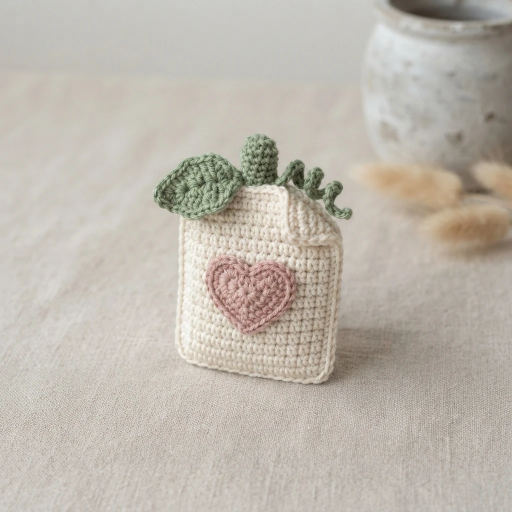 A small cream crocheted container with a pink heart applique, a green leaf, and a green stem.
