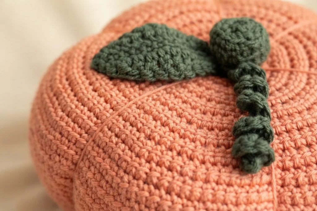 Gros plan d’un coussin citrouille au crochet orange, avec des côtes marquées et une feuille et une tige vert foncé.