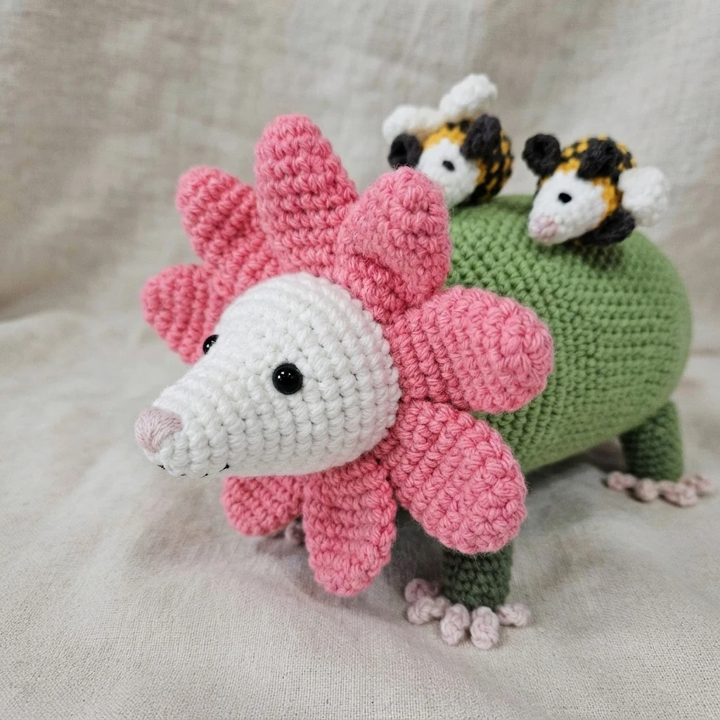 Crocheted green opossum plush with a white face and pink crocheted flower petals around its neck, with two small bee plushes with black and yellow stripes and white wings resting on its back, photographed on beige fabric.