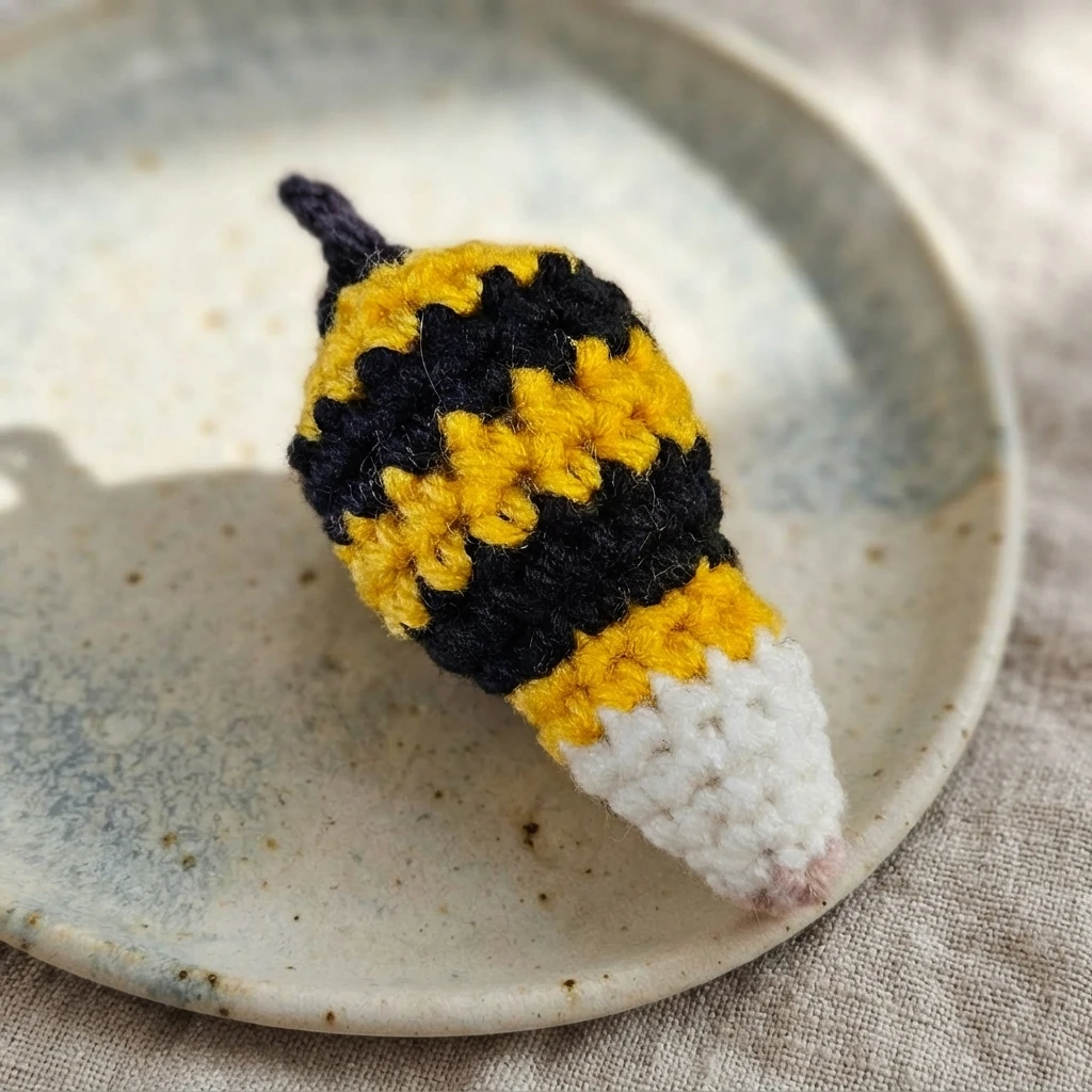 Crocheted bee body with black and yellow stripes, a white face and a small pink nose tip, resting on a pale speckled ceramic plate.