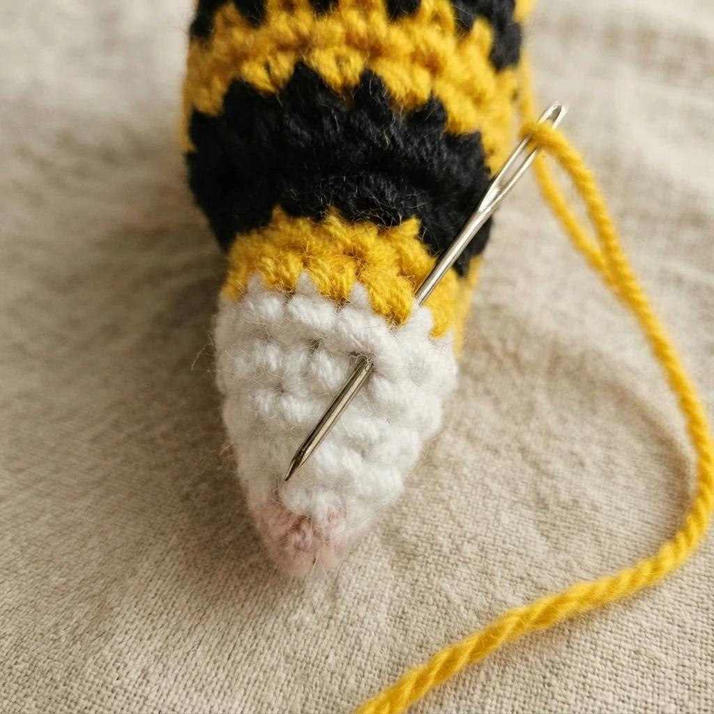 Close-up of a crocheted bee with a white head, a small pink nose and yellow and black striped body, with a metal tapestry needle and yellow yarn sewing the forehead, resting on a beige fabric surface.