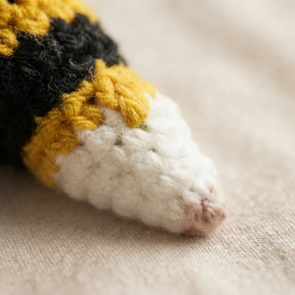 Gros plan d'une tête d'abeille en crochet avec un museau rose, une face blanche et des rayures jaunes et noires, posée sur un tissu beige.