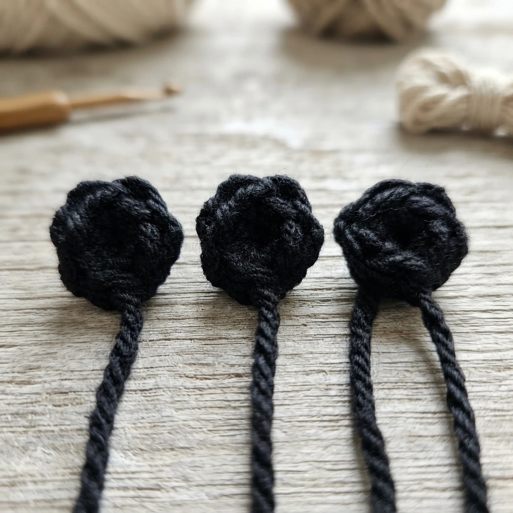Three small black crocheted round ear pieces with long yarn tails laid on a light wood surface, with a wooden crochet hook and balls of yarn blurred in the background.