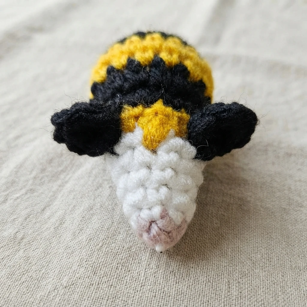 Crocheted baby bee head seen from the front, with a white face, small pink nose, yellow widow's peak marking on the forehead, black ears and yellow and black striped body, resting on beige fabric.