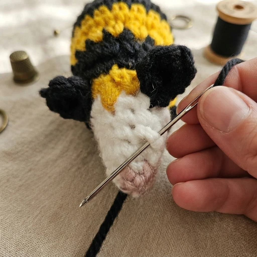 Close-up of hands using a metal needle and black yarn to sew the face of a small crocheted bee with black and yellow stripes, a white muzzle and a pink nose, resting on a beige fabric with a thimble and thread spool nearby.
