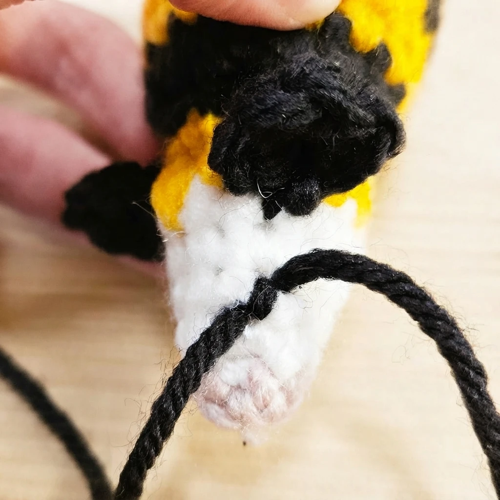 Close-up of a crocheted baby bee head in white, yellow and black yarn held between fingers, with a strand of black yarn being sewn across the white face above a small pink nose