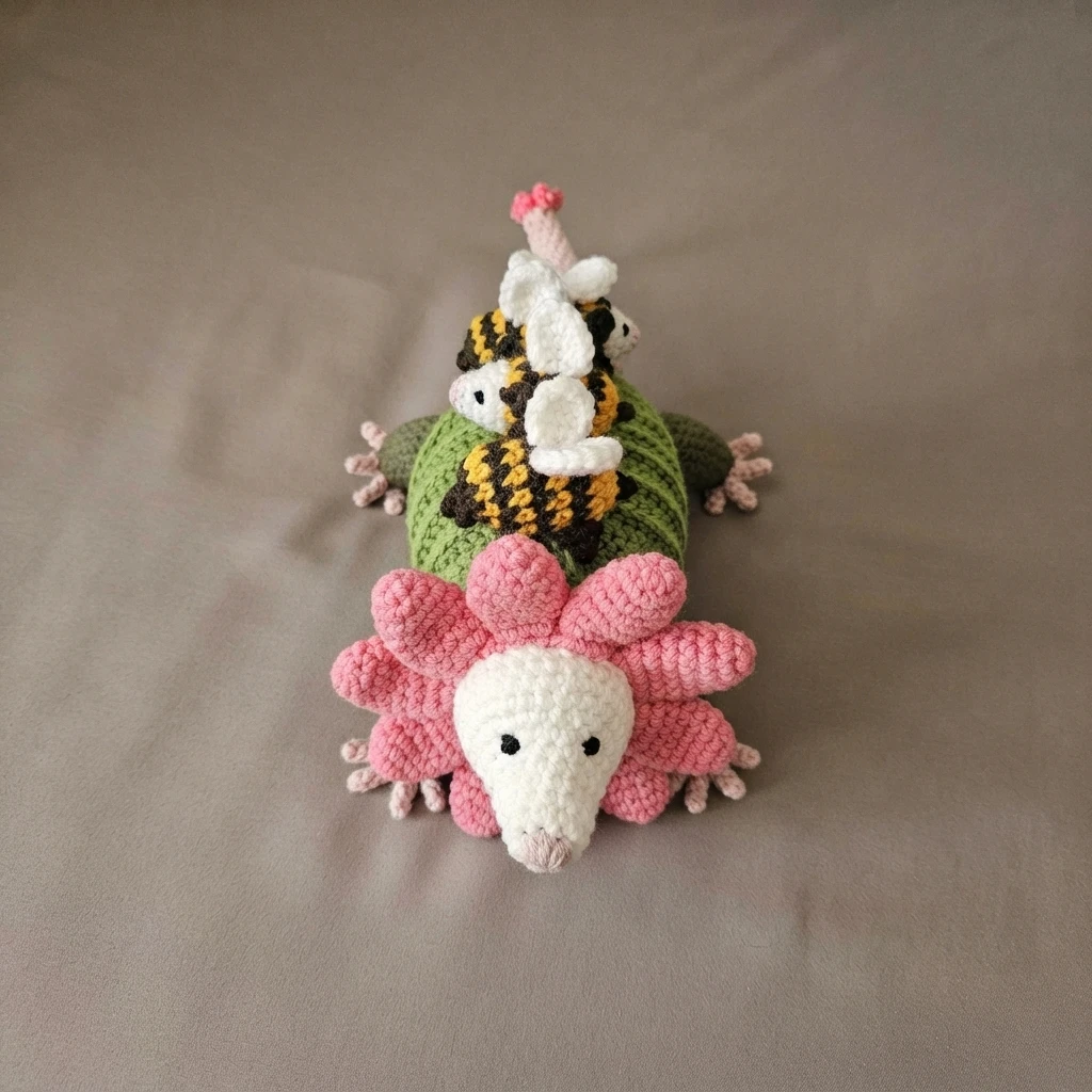 Crocheted opossum with a green body, white face and pink snout, surrounded by a collar of pink crochet petals, with small yellow and black striped bee babies on its back, photographed from above on gray fabric.