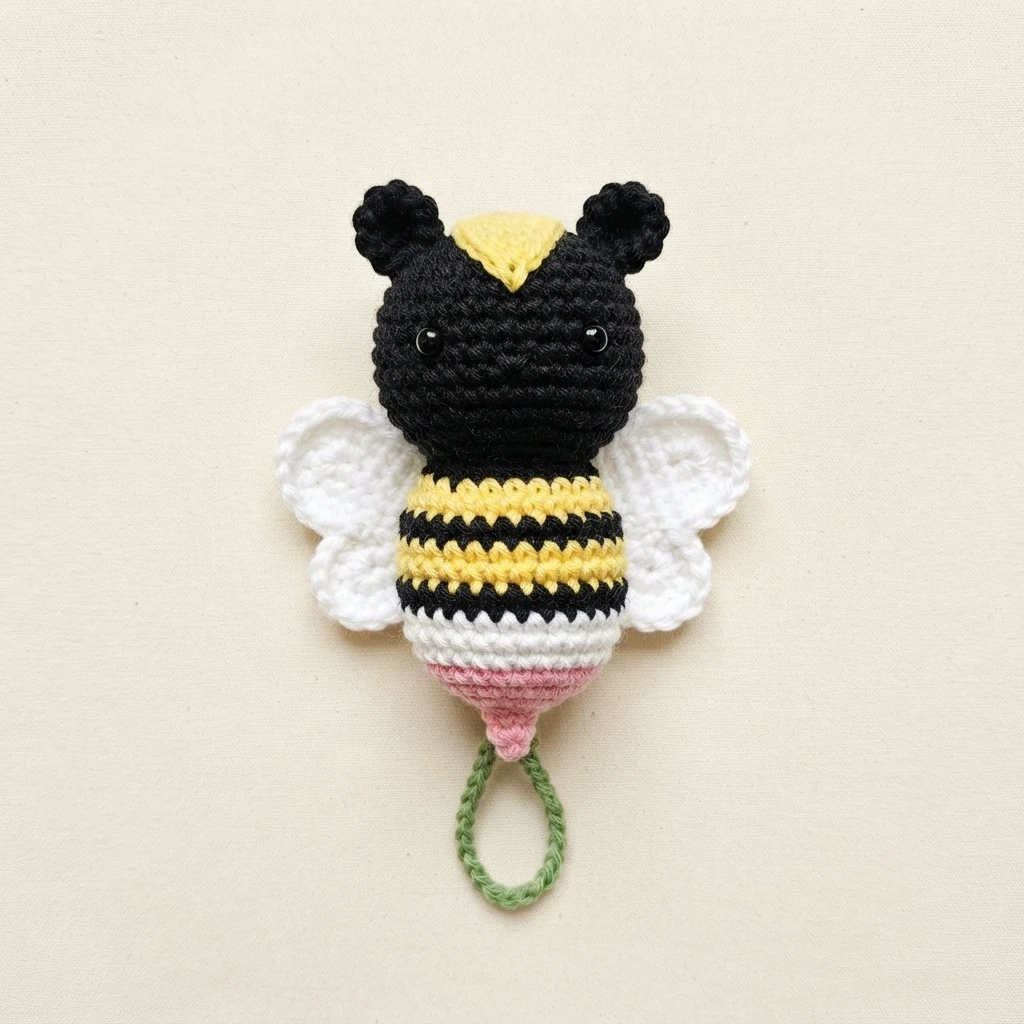 Crocheted baby bee on a cream background with a black head, a yellow triangle marking on the forehead, black bead eyes, two small black ears, joined white wings, a yellow and black striped body, a pink nose and stinger at the bottom, and a