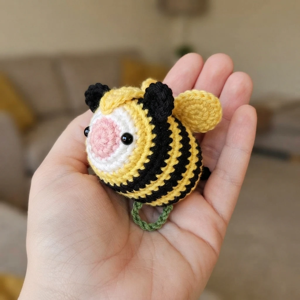 A small crocheted bee with a white face, pink nose, black bead eyes and black ears, a yellow and black striped body with yellow wings, held in an open hand, with a short green crocheted chain loop beneath it.