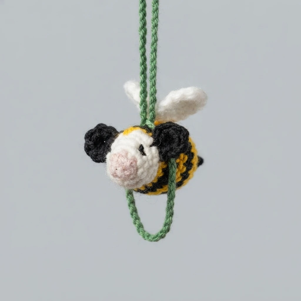Small crocheted baby bee with a white face, pink nose, black ears and white wings, striped in yellow and black, suspended by a green crocheted loop against a plain light grey background
