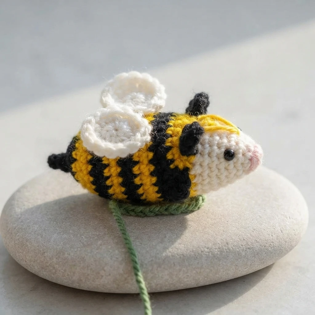 Finished crochet baby bee with a white head, pink nose, black bead eyes, a small yellow patch on the forehead, a yellow and black striped body, two white wings on its back and a green crochet chain loop beneath it, resting on a pale stone.
