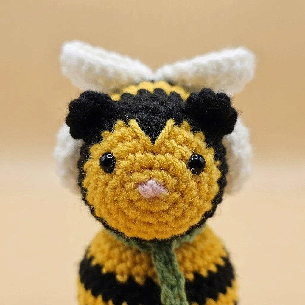 Close-up of a finished crochet baby bee with a yellow face, black ears, white wings, shiny black eyes, a pale pink nose, and a black and yellow striped body with a green crocheted hanging loop at the neck.