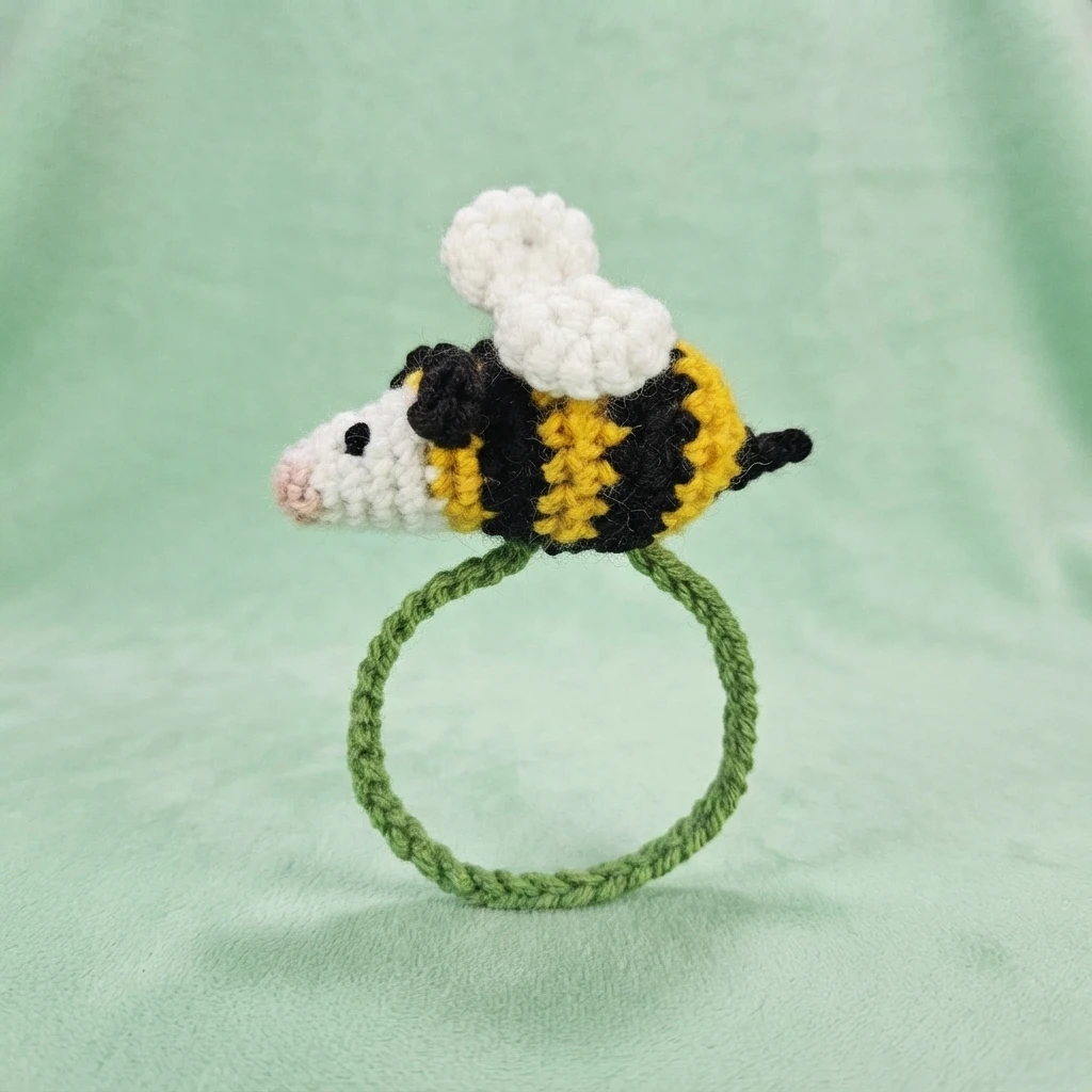 Crocheted baby bee with a white head, small pink nose, black ears and eyes, yellow and black striped body, white wings on its back, and a black stinger, with a green crocheted chain loop hanging below it against a plain light green backgrou