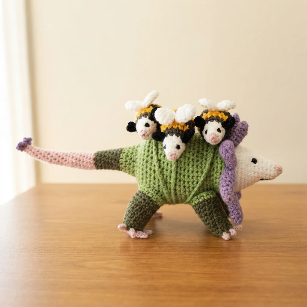 Crocheted opossum with a green body, white face and pink tail, wearing purple crocheted petals around its neck and carrying three small bee babies with black and yellow stripes and white wings on its back, standing on a wooden table.