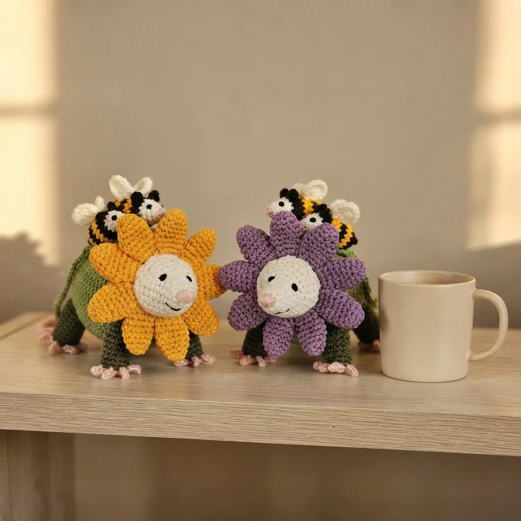 Two crocheted flower opossums with white faces, one with yellow petals and one with purple petals, each carrying a small black and yellow baby bee possum on its back, posed on a light wooden table next to a plain beige mug in warm window li